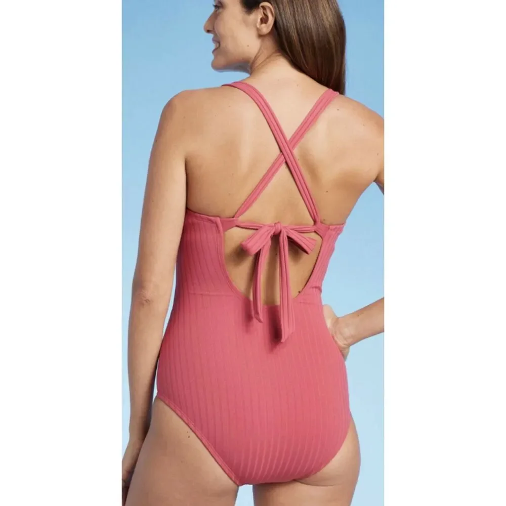 Kona Sol Women's Wide Ribbed Ring Medium Coverage One Piece Swimsuit Pink L